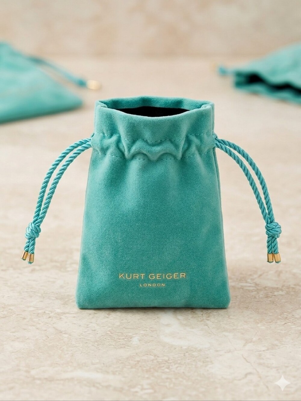 Kurt Geiger Teal Velvet Drawstring Pouch with Gold Logo